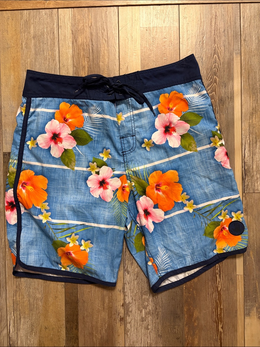 Body Glove Blue Floral Board Shorts with Orange & Pink Hibiscus Size 34